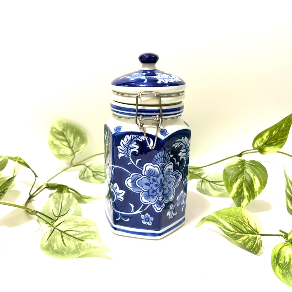 Blue and White Chinoiserie Floral Hexagonal Ceramic Canister Hinged Lid Jar 8"